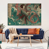 91666601-MGV-CV-36X24-Samurai Woman vs Octopus Wall Art – Japanese Ukiyo-e Green Robe Canvas Print, Ocean Battle Artwork for Living Room, Office, Man