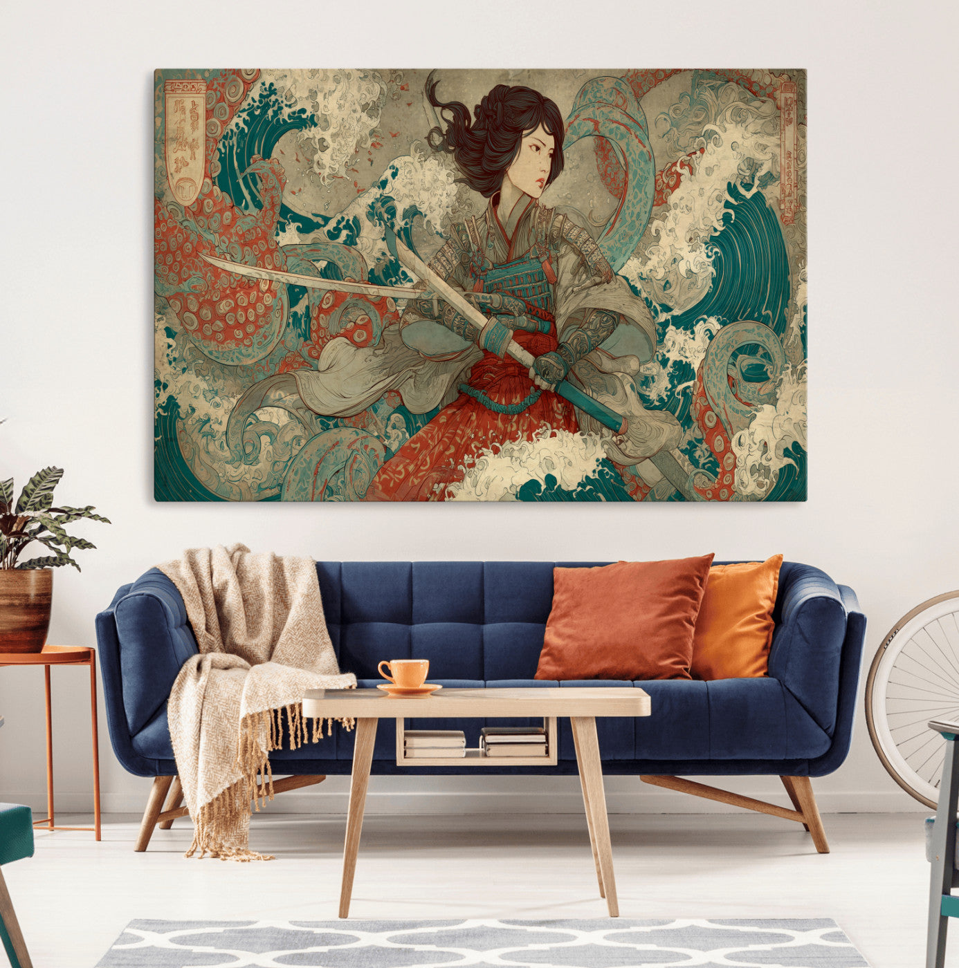 37797255-MGV-CV-36X24-Samurai Woman vs Octopus Wall Art – Japanese Ukiyo-e Red Armor Ocean Battle Canvas Print, Warrior Artwork for Living Room, Office,