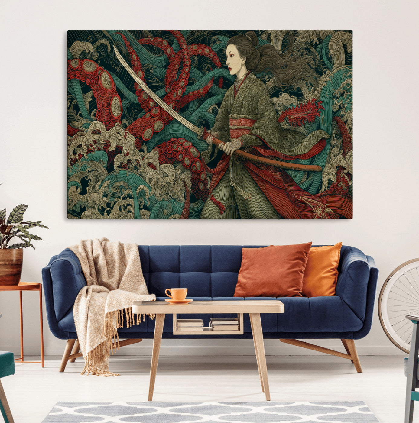 18902796-MGV-CV-36X24-Samurai Woman vs Octopus Wall Art – Japanese Ukiyo-e Green Kimono Canvas Print, Ocean Battle Scene Artwork for Living Room,