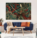 18902796-MGV-CV-36X24-Samurai Woman vs Octopus Wall Art – Japanese Ukiyo-e Green Kimono Canvas Print, Ocean Battle Scene Artwork for Living Room,
