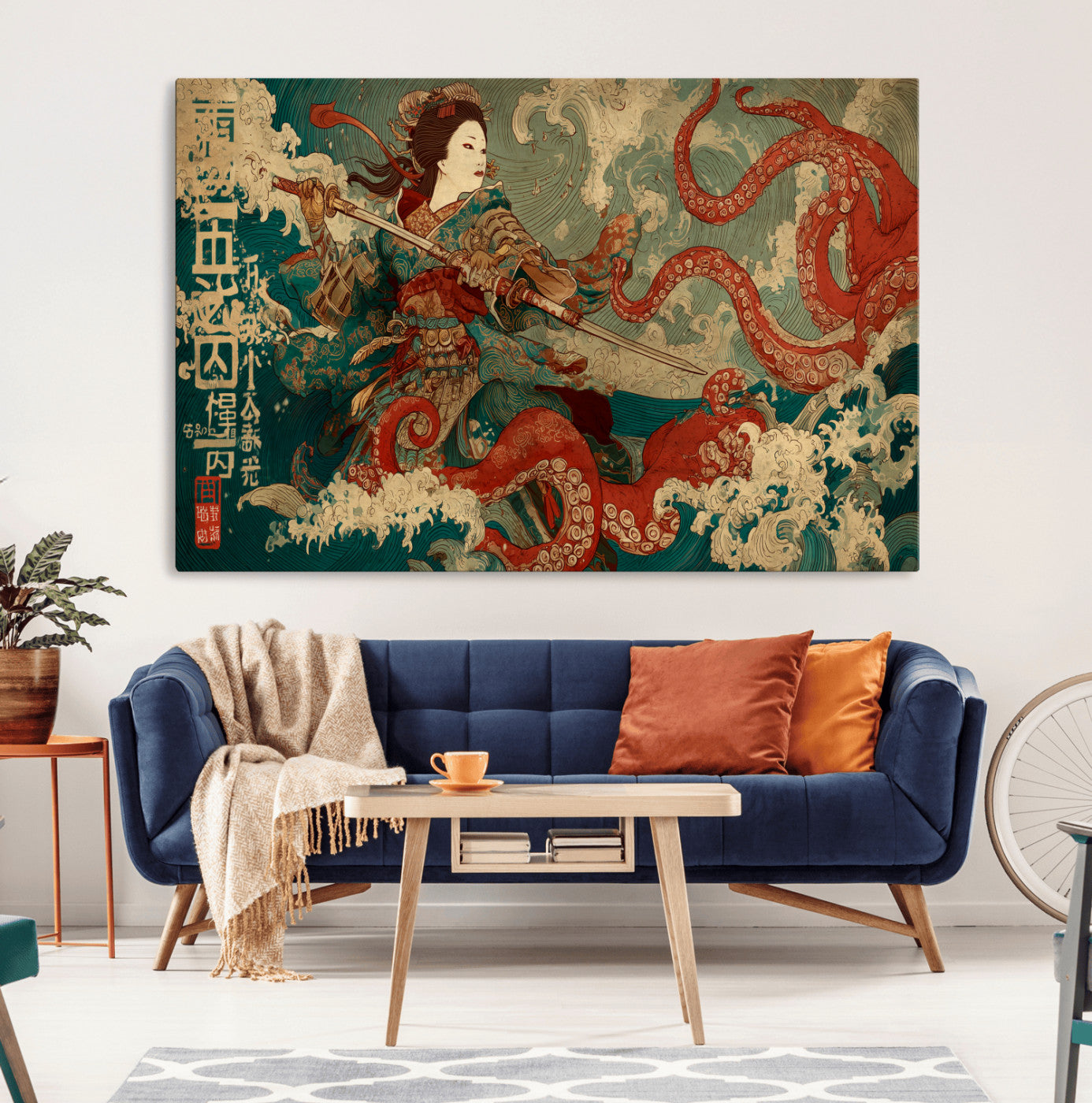 60201267-MGV-CV-36X24-Samurai Woman vs Octopus Wall Art – Japanese Ukiyo-e Armor Canvas Print, Red Tentacle Ocean Battle Artwork for Living Room,