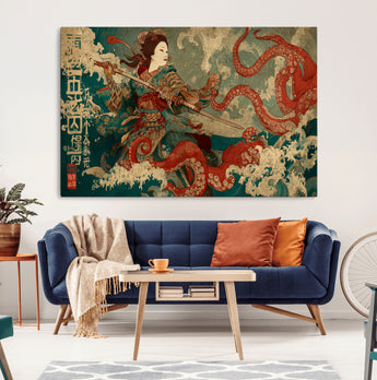 60201267-MGV-CV-36X24-Samurai Woman vs Octopus Wall Art – Japanese Ukiyo-e Armor Canvas Print, Red Tentacle Ocean Battle Artwork for Living Room,