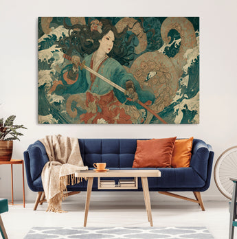 79740258-MGV-CV-36X24-Samurai Woman vs Octopus Wall Art – Japanese Ukiyo-e Blue Kimono Canvas Print, Ocean Battle Artwork for Living Room, Office, Man