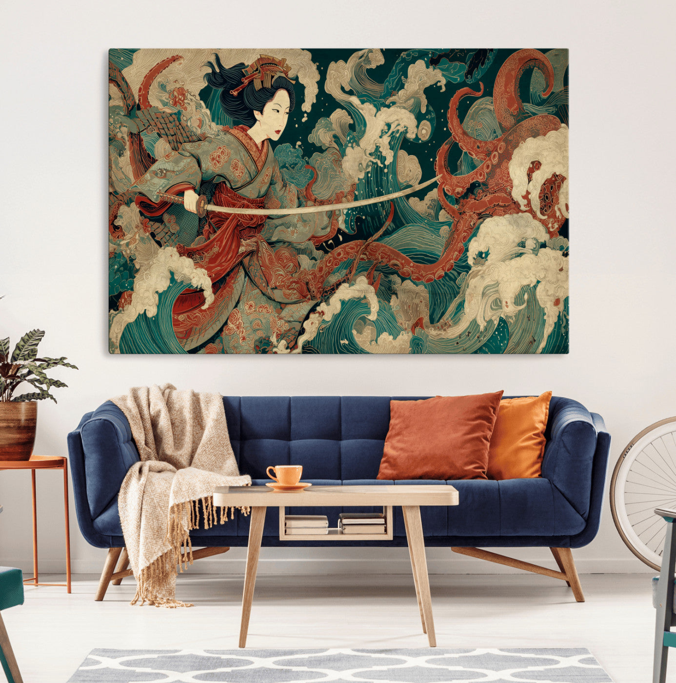 30212982-MGV-CV-36X24-Samurai Woman vs Octopus Wall Art – Japanese Ukiyo-e Style Warrior and Sea Monster Canvas Print, Mythology Inspired Artwork for