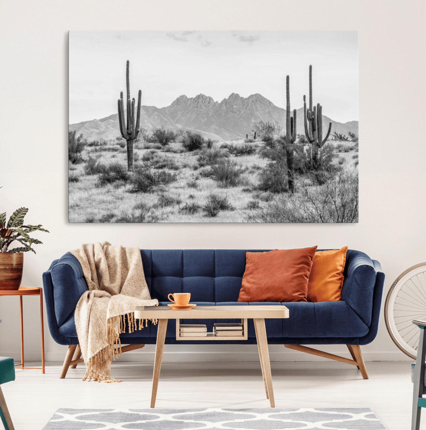 97436PHN-MGV-CV-36X24-Desert Landscape Wall Art – Black and White Cactus and Mountain Canvas Print, Southwestern Nature Photography for Living Room,
