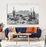 97436PHN-MGV-CV-36X24-Desert Landscape Wall Art – Black and White Cactus and Mountain Canvas Print, Southwestern Nature Photography for Living Room,