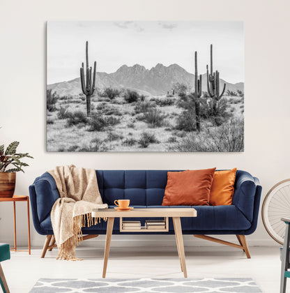 97436PHN-MGV-CV-36X24-Desert Landscape Wall Art – Black and White Cactus and Mountain Canvas Print, Southwestern Nature Photography for Living Room,