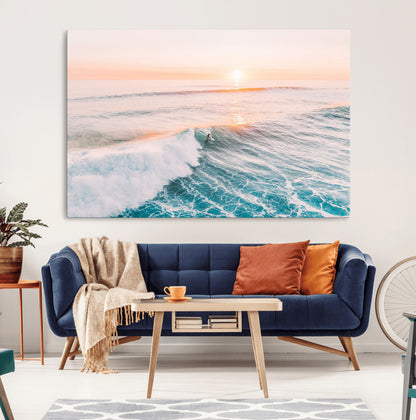 34064591-MGV-CV-36X24-Surfing Wall Art – Sunset Ocean Wave Canvas Print, Surfer Riding Sea Photography Decor for Bedroom, Living Room, Office, Coastal