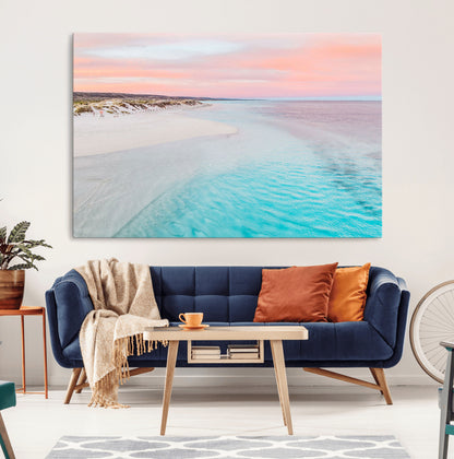 41613614-MGV-CV-36X24-Beach Sunset Wall Art – Pastel Ocean Canvas Print, Turquoise Water and Pink Sky Photography Decor for Bedroom, Living Room, Office