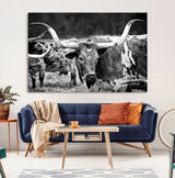 15425553-MGV-CV-36X24-Western Wall Art – Longhorn Cattle Black and White Canvas Print, Rustic Ranch Photography Decor for Bedroom, Living Room, Office,