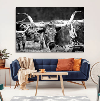 15425553-MGV-CV-36X24-Western Wall Art – Longhorn Cattle Black and White Canvas Print, Rustic Ranch Photography Decor for Bedroom, Living Room, Office,