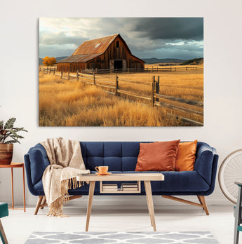 16480179-MGV-CV-36X24-Farmhouse Wall Art – Rustic Barn and Golden Field Canvas Print, Country Landscape Photography Decor for Bedroom, Living Room,