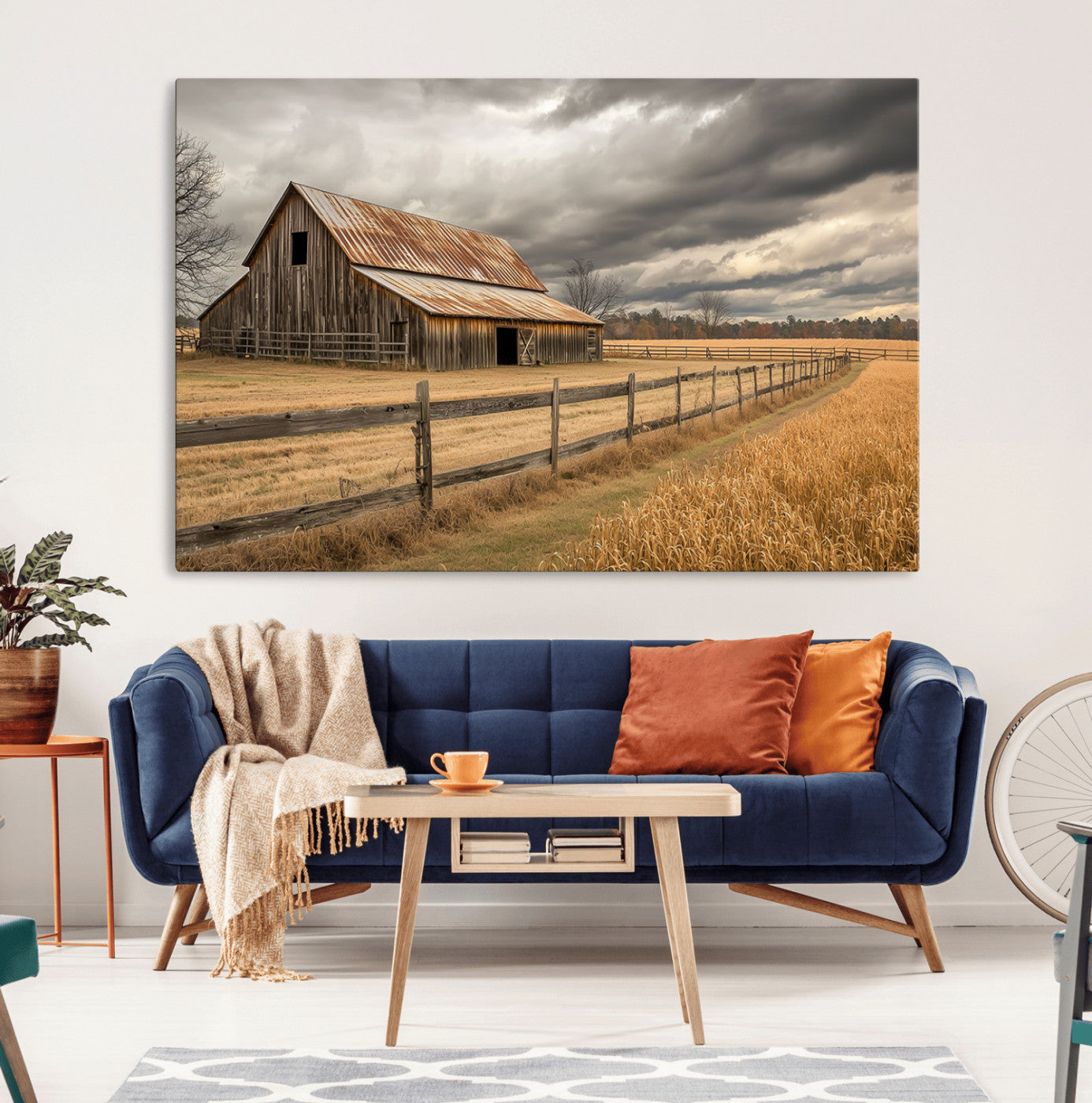 21991117-MGV-CV-36X24-Rustic Barn Wall Art – Weathered Farmhouse Canvas Print, Stormy Sky and Golden Field Photography Decor for Bedroom, Living Room,