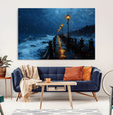 48300530-MGV-CV-36X24-Night Pier Wall Art – Moody Ocean Boardwalk Canvas Print, Impressionist Coastal Seascape Painting Decor for Living Room, Office,