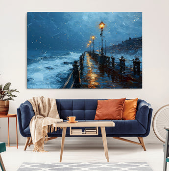 93793246-MGV-CV-36X24-Stormy Night Pier Canvas Wall Art – Moody Ocean Landscape with Lights, Blue Coastal Seascape Print for Bedroom, Living Room,