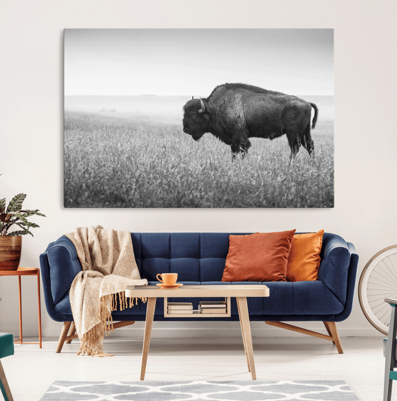 90861202-MGV-CV-36X24-Black and White Bison Canvas Wall Art – Rustic American Buffalo Print, Western Wildlife Photography for Farmhouse, Cabin, Office