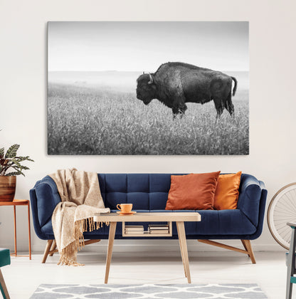 90861202-MGV-CV-36X24-Black and White Bison Canvas Wall Art – Rustic American Buffalo Print, Western Wildlife Photography for Farmhouse, Cabin, Office