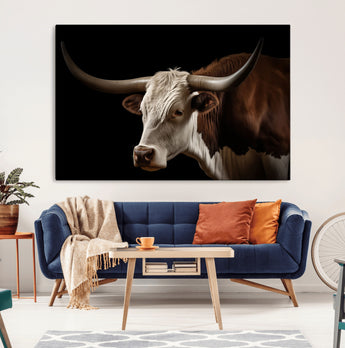 27414857-MGV-CV-36X24-Texas Longhorn Bull Canvas Wall Art – Rustic Western Farmhouse Decor, Brown & White Cow Portrait, Animal Print for Ranch Home