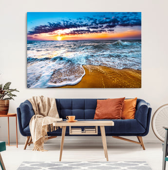 24077769-MGV-CV-36X24-Sunset Beach Wall Art – Ocean Waves Canvas Print, Golden Shoreline Photography Coastal Decor for Living Room, Bedroom, Office,