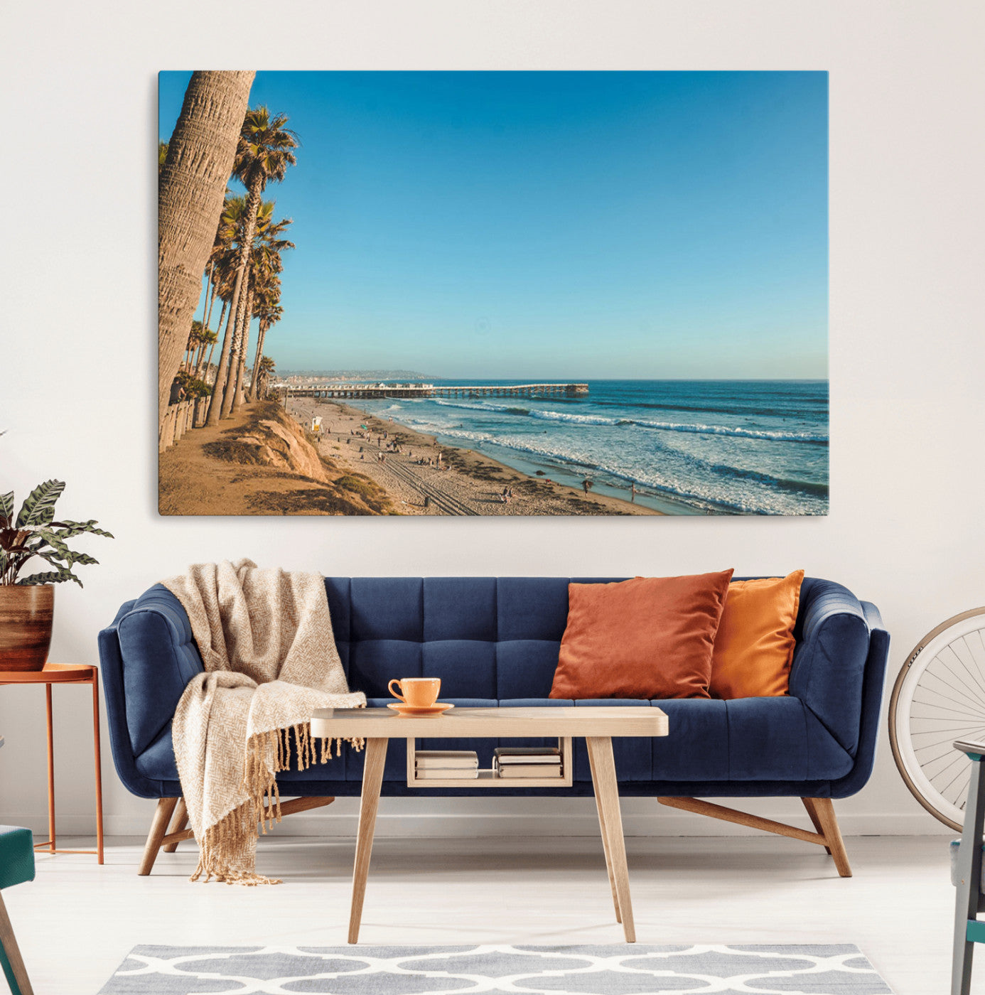 92568259-MGV-CV-36X24-California Beach Wall Art – Palm Tree Pier Canvas Print, Coastal Ocean Photography Seaside Decor for Living Room, Bedroom, Office,
