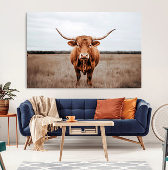 16316734-MGV-CV-36X24-Texas Longhorn Wall Art – Rustic Bull Portrait Canvas Print, Western Farmhouse Animal Photography Decor for Living Room, Office,