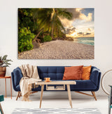 89531159-MGV-CV-36X24-Tropical Beach Sunset Canvas Wall Art – Palm Trees Golden Sand Ocean Waves Coastal Paradise Print for Beach House Bedroom Bathroom