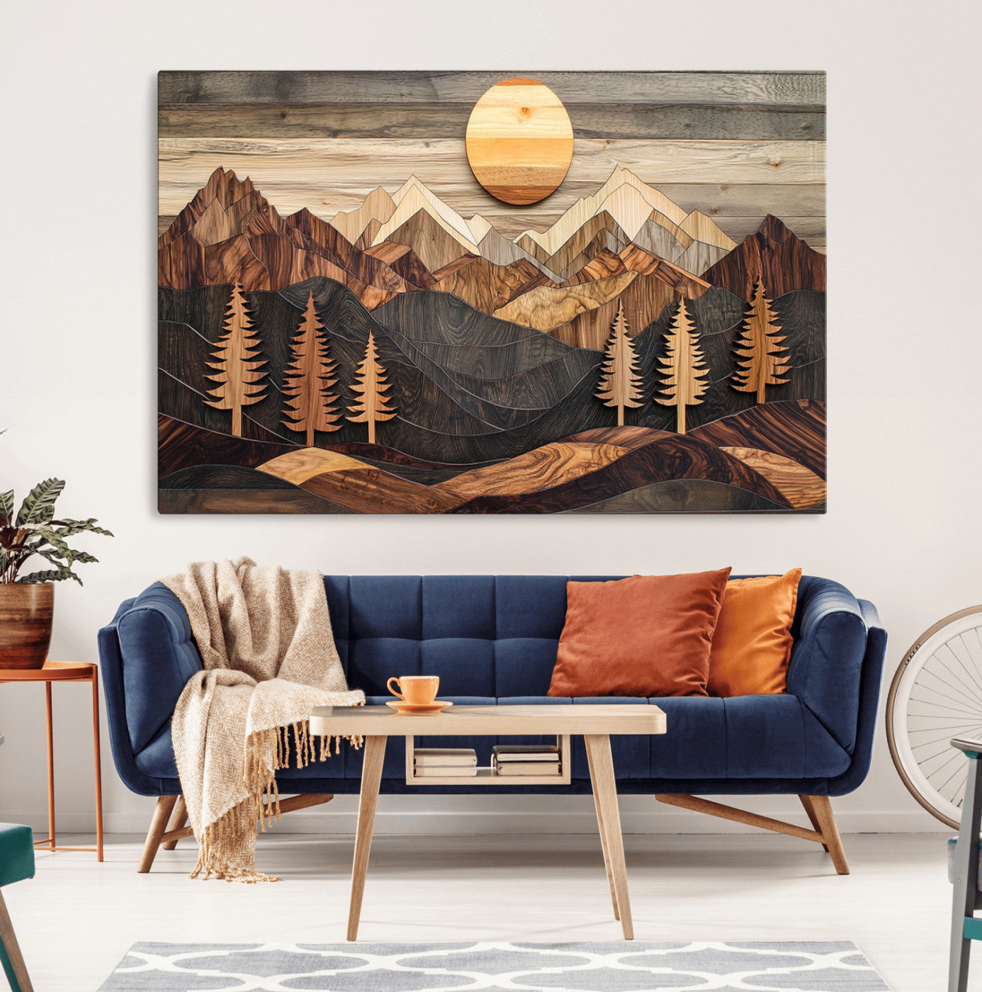 90044381-MGV-CV-36X24-Rustic Wall Art – Wooden Mountain Landscape with Sun and Pine Trees, Handcrafted Nature Canvas Style Decor for Bedroom, Living