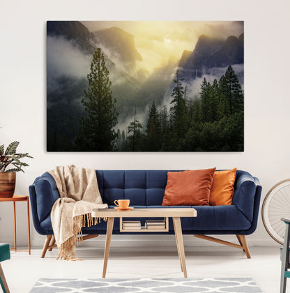 38316884-MGV-CV-36X24-Landscape Wall Art – Misty Mountain Valley Canvas Print, Scenic Pine Forest and Sunrise Photography Decor for Bedroom, Living