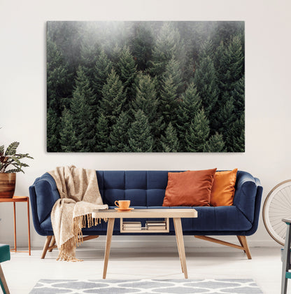 84059409-MGV-CV-36X24-Forest Wall Art – Misty Evergreen Trees Canvas Print, Tranquil Nature Photography Decor for Bedroom, Living Room, Office, Cabin or