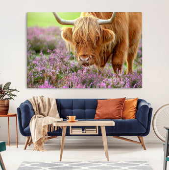 64069351-MGV-CV-36X24-Farmhouse Wall Art – Highland Cow in Wildflowers Canvas Print, Rustic Country Cattle Photography Decor for Bedroom, Living Room,