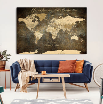 13394308-MGV-CV-36X24-Personalized World Map Wall Art – Dark Rustic Vintage Adventure Travel Map with Custom Couple Names, Timeless Wall Decor for Home