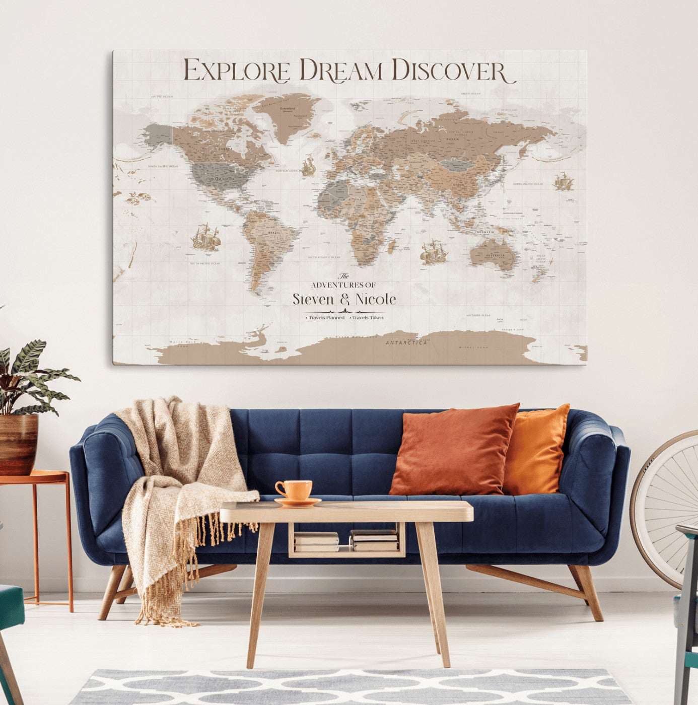 56148717-MGV-CV-36X24-Personalized World Map Wall Art – Neutral Beige & Brown Vintage Adventure Travel Map with Custom Couple Names, Classic Wall Decor