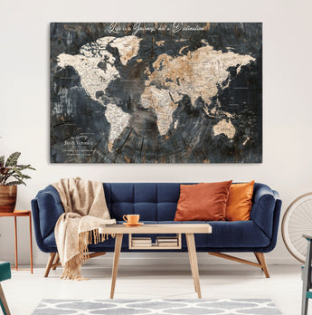 55548943-MGV-CV-36X24-Personalized World Map Wall Art – Rustic Wood Texture Adventure Travel Map with Custom Couple Names, Vintage Dark Wall Decor for