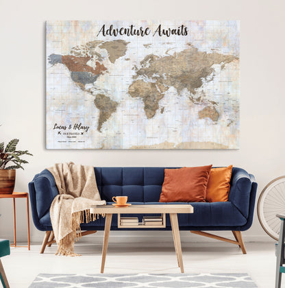 30792405-MGV-CV-36X24-Personalized World Map Wall Art – Rustic Beige Adventure Travel Map with Custom Couple Names, Vintage Wall Decor for Home or