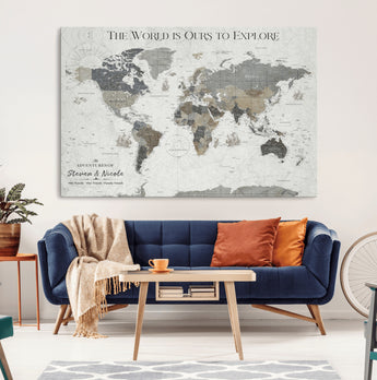 97082026-MGV-CV-36X24-Personalized World Map Wall Art – Vintage Gray Adventure Travel Map with Custom Couple or Family Names, Rustic Wall Decor for Home
