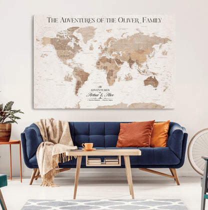 43869621-MGV-CV-36X24-Personalized World Map Wall Art – Light Beige Sepia Adventure Travel Map with Custom Family or Couple Names, Rustic Wall Decor for