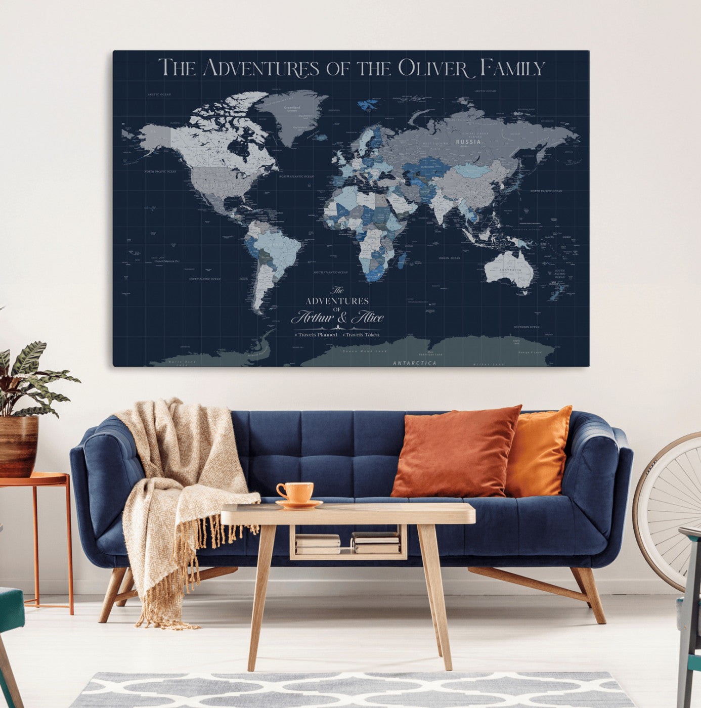 76726424-MGV-CV-36X24-Personalized World Map Wall Art – Navy Blue & Grey Adventure Travel Map with Custom Family or Couple Names, Modern Wall Decor for