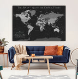 46064114-MGV-CV-36X24-Personalized World Map Wall Art – Black & Grey Adventure Travel Map with Custom Family or Couple Names, Modern Wall Decor for Home