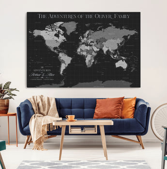 46064114-MGV-CV-36X24-Personalized World Map Wall Art – Black & Grey Adventure Travel Map with Custom Family or Couple Names, Modern Wall Decor for Home