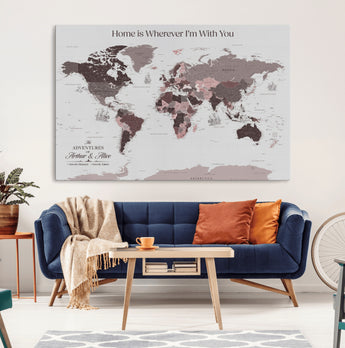 33204797-MGV-CV-36X24-Personalized World Map Wall Art – Burgundy & Grey Adventure Travel Map with Custom Names, Romantic Wall Decor for Couples, Home or