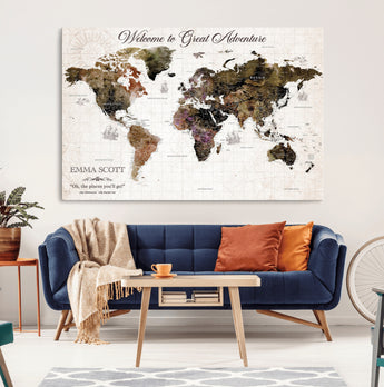 33631532-MGV-CV-36X24-Personalized World Map Wall Art – Dark Vintage Adventure Travel Map with Custom Names, Rustic Wall Decor for Couples, Home or