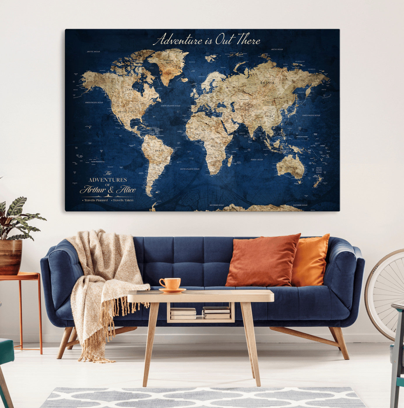 71052542-MGV-CV-36X24-Personalized World Map Wall Art – Rustic Navy Blue Adventure Travel Map with Custom Couple Names, Vintage Wall Decor for Home or