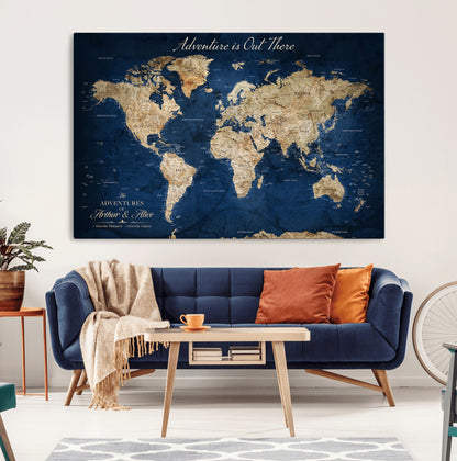 71052542-MGV-CV-36X24-Personalized World Map Wall Art – Rustic Navy Blue Adventure Travel Map with Custom Couple Names, Vintage Wall Decor for Home or