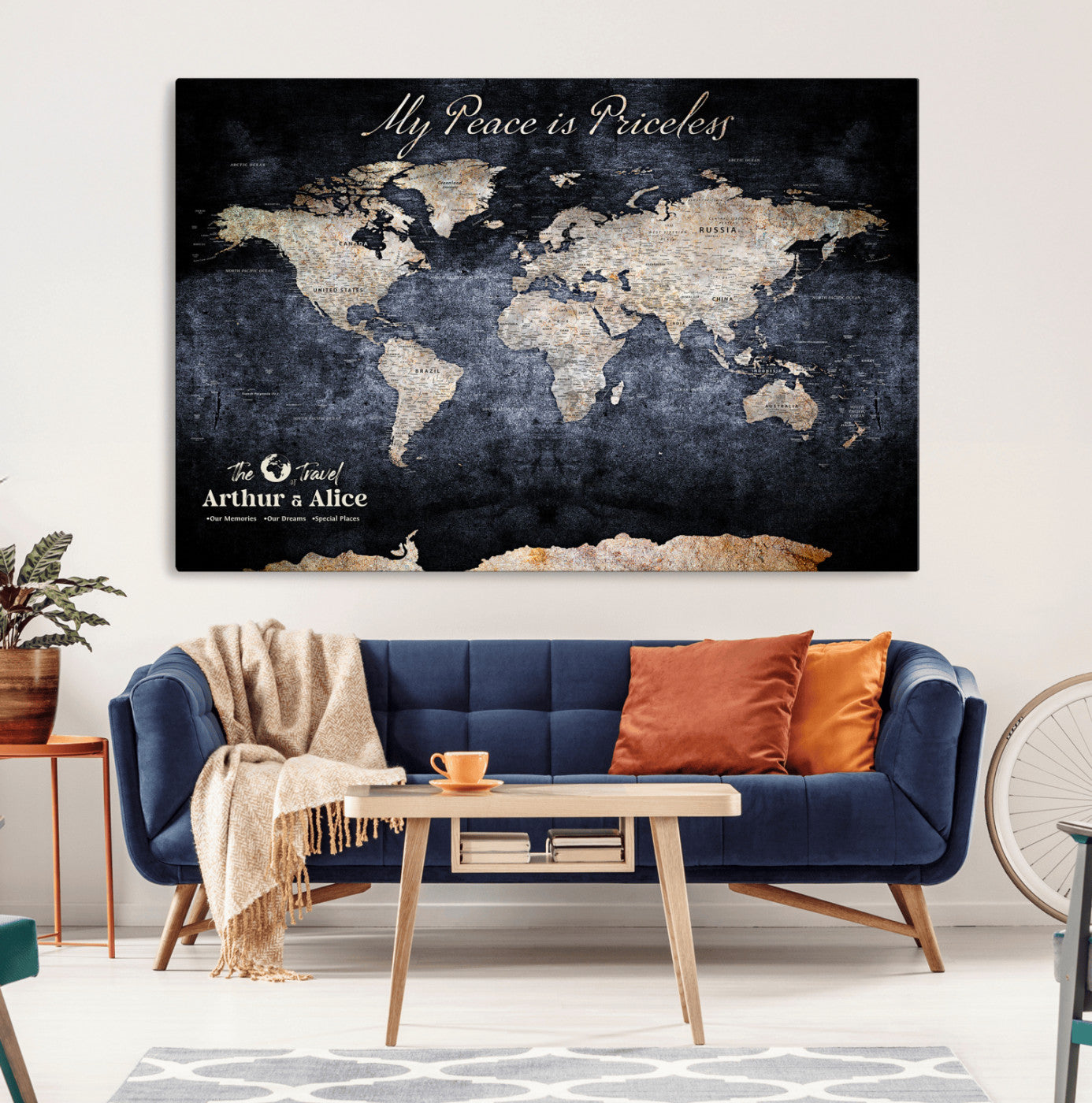 85403043-MGV-CV-36X24-Personalized World Map Wall Art – Dark Blue Rustic Adventure Map with Custom Couple Names, Vintage Wall Decor for Home or Travel