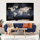 85403043-MGV-CV-36X24-Personalized World Map Wall Art – Dark Blue Rustic Adventure Map with Custom Couple Names, Vintage Wall Decor for Home or Travel