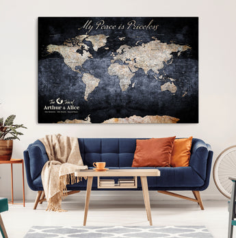 85403043-MGV-CV-36X24-Personalized World Map Wall Art – Dark Blue Rustic Adventure Map with Custom Couple Names, Vintage Wall Decor for Home or Travel