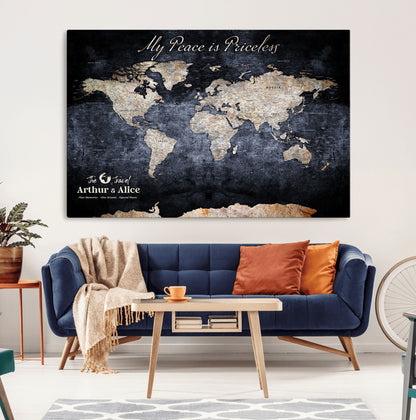 85403043-MGV-CV-36X24-Personalized World Map Wall Art – Dark Blue Rustic Adventure Map with Custom Couple Names, Vintage Wall Decor for Home or Travel