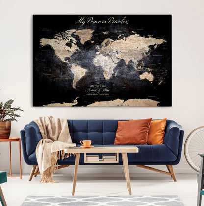 51488142-MGV-CV-36X24-Personalized World Map Wall Art – Dark Rustic Adventure Travel Map with Custom Names, Vintage Wall Decor for Couples, Families or