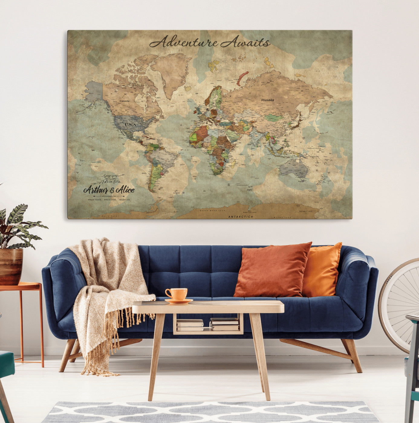 62500285-MGV-CV-36X24-Personalized World Map Wall Art – Rustic Watercolor Adventure Awaits Travel Map with Custom Couple Names, Vintage Wall Decor for