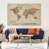 43497401-MGV-CV-36X24-Personalized World Map Wall Art – Vintage Rustic Adventure Travel Map with Custom Couple Names, Welcome to Great Adventure Wall
